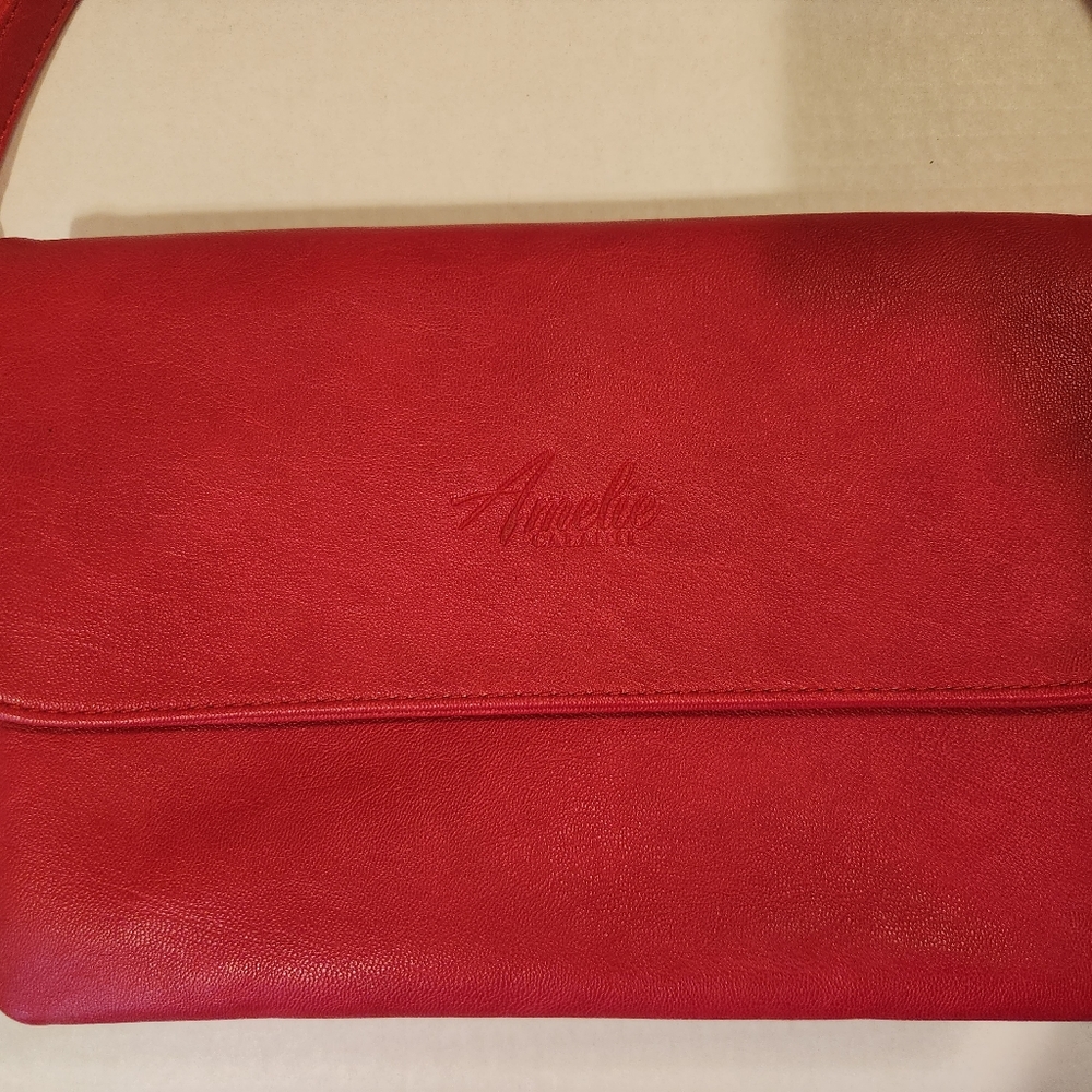 Amelie Galanti Vegan Leather Red Double Straps Crossbody Shoulder Bag 5 Compart.